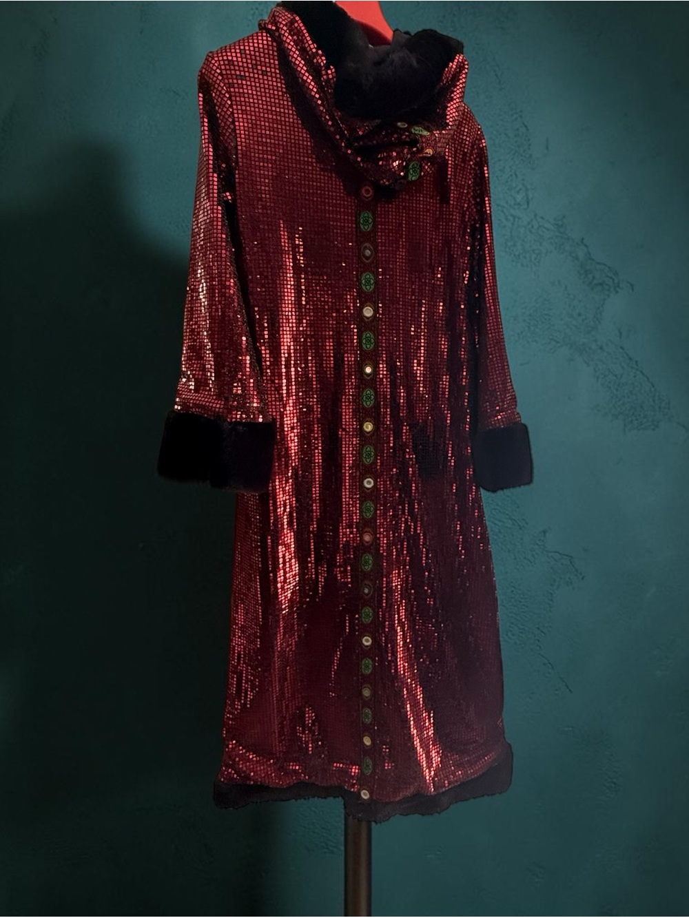 Dolls Kill Club Exx Burning Man Music Festival Red Sequin Long Coat Black Fur